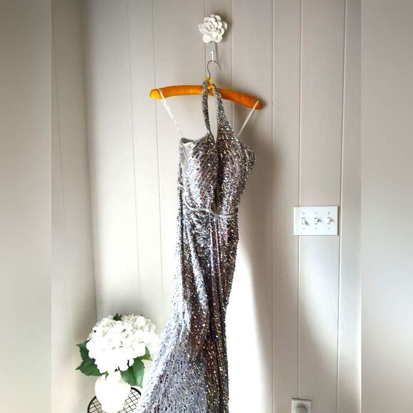 Camille La Vie Silver Sequin Halter Gown | Formal Prom Dress with Train | Size 6 - Picture 3 of 11